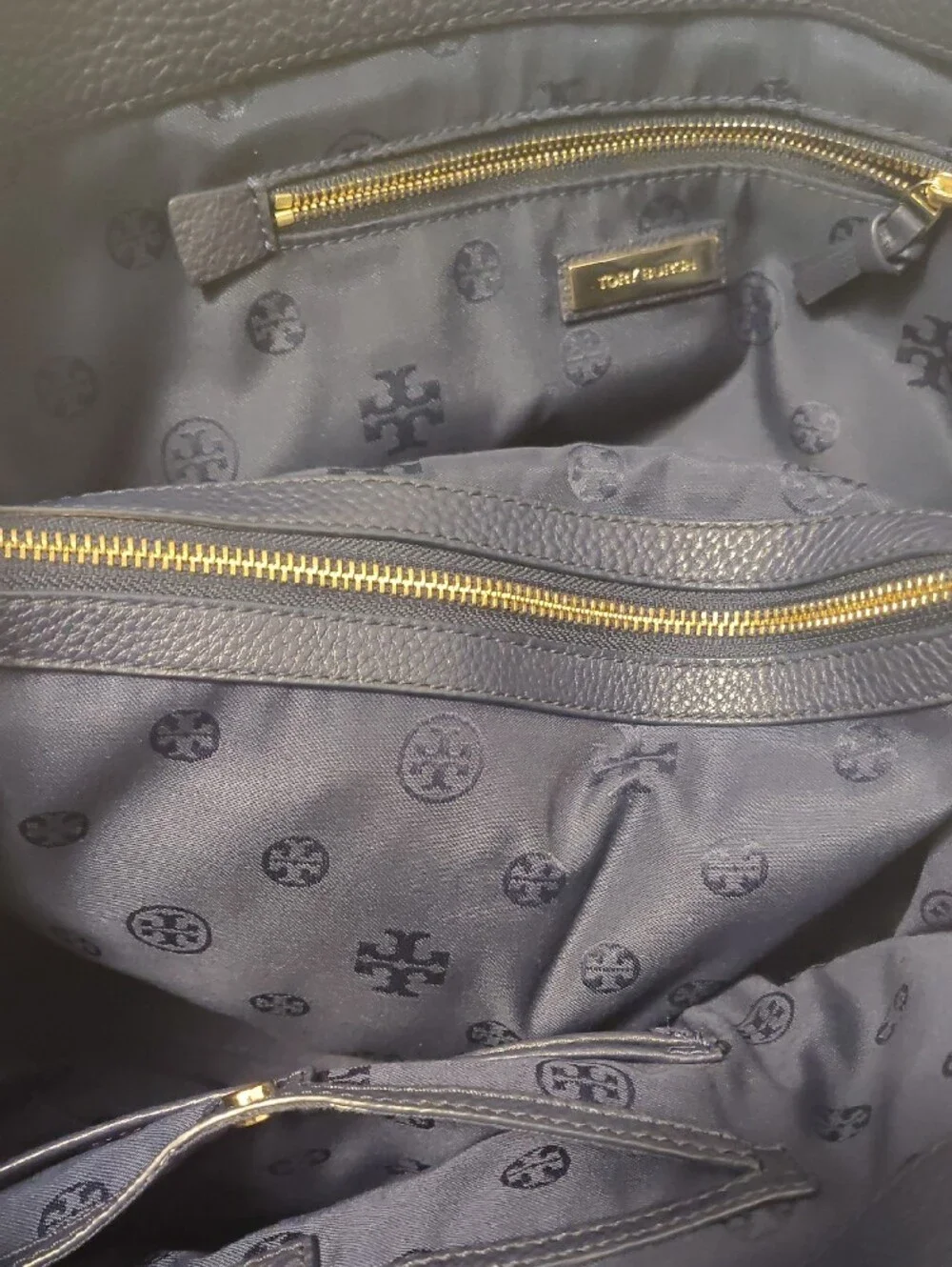 Tory Burch Britten Slouch Navy Pebbled Leather Double-Handle Tote with Gold Logo